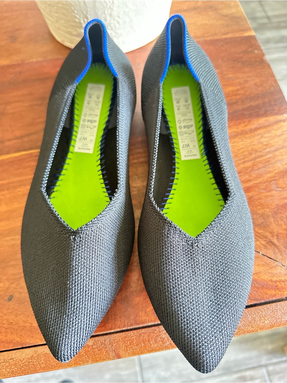 Rothy's Black Pointed Knit Flats with Lime Insole and Blue Trim